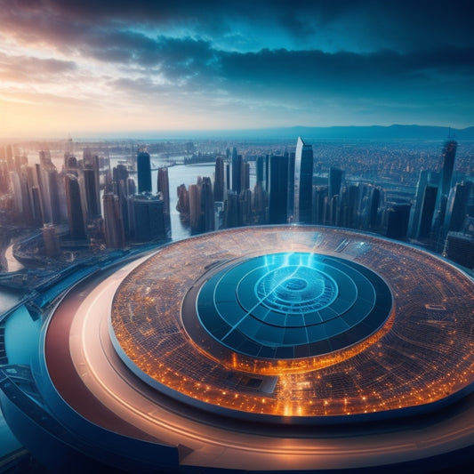 A futuristic, high-tech illustration depicting a shield protecting a cityscape from a swirling vortex of 1s and 0s, with a subtle grid pattern in the background, symbolizing cybersecurity and data protection.