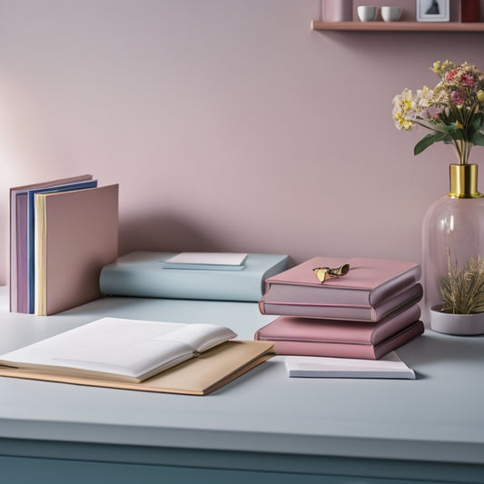 A minimalist desk with a single, leather-bound dictionary lying open, surrounded by neatly arranged colorful folders, a tidy pencil holder, and a few carefully placed paper clips, amidst a subtle background of soft, pastel hues.