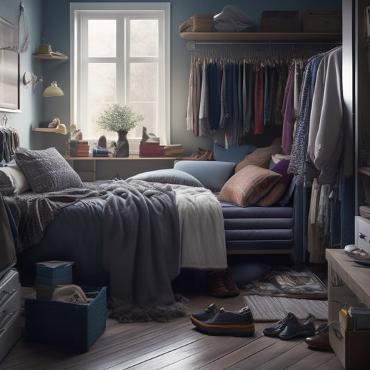 A cluttered small bedroom with clothes scattered on the floor, an overflowing closet, and a messy nightstand, contrasted with a serene, organized version featuring a storage bed, shelves, and a tidy closet.