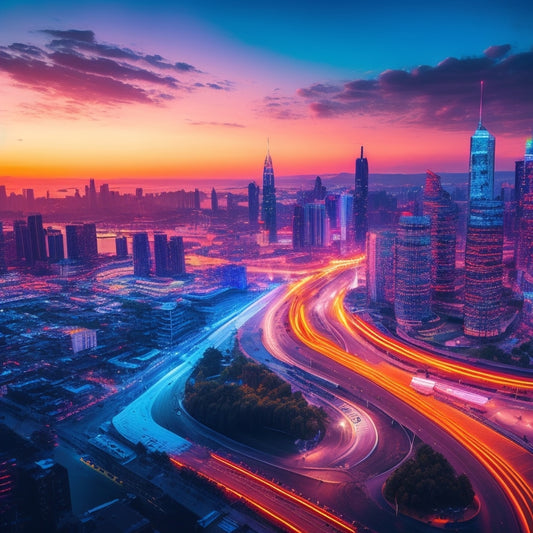A vibrant, futuristic cityscape at sunset, with sleek skyscrapers and neon lights, surrounded by swirling clouds of code, gears, and lightbulbs, symbolizing innovation and empowerment.