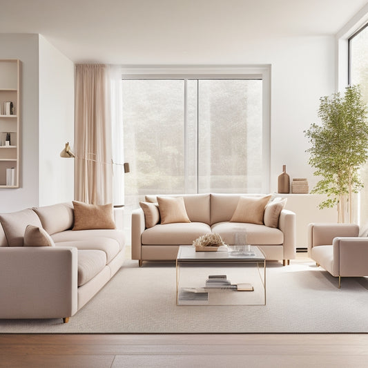 A minimalist, modern living room with a compact sectional sofa, a sleek coffee table, and a floor-to-ceiling storage unit, all in a neutral color palette, surrounded by plenty of natural light.