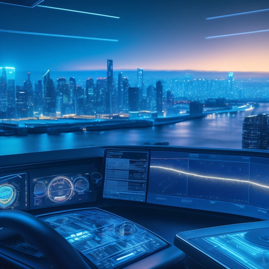 A futuristic dashboard with various software icons, gears, and wires intertwined, surrounded by a subtle grid pattern and a soft blue glow, with a cityscape at dusk in the background.
