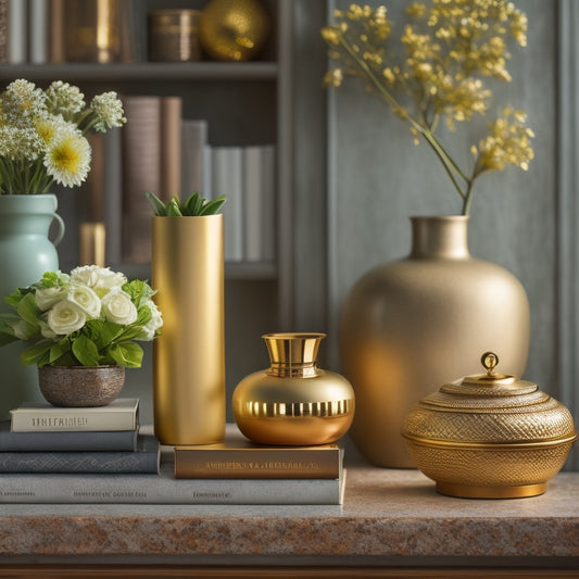 A beautifully styled shelf with a mix of decorative vases, leather-bound books, and metallic accents, set against a soft, creamy background with warm, golden lighting.