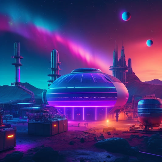 A futuristic, neon-lit planetary base with scattered storage containers, pipes, and machinery, surrounded by a vibrant, iridescent aurora, with a subtle, glowing spaceship silhouette in the distant sky.