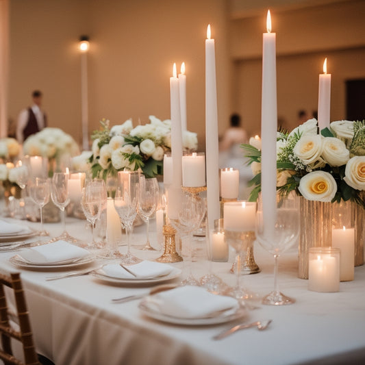 A serene, well-lit wedding reception with a mix of round and long tables, adorned with elegant centerpieces, candles, and a subtle color scheme, featuring a neatly organized decoration station in the corner.