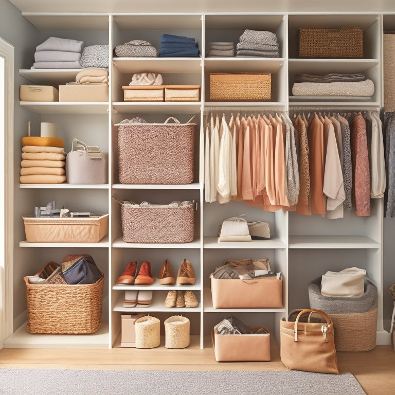 A tidy, neutral-colored closet with shelves and rods, featuring various bins in different shapes, sizes, and materials (wicker, fabric, plastic), filled with folded clothes, shoes, and accessories.