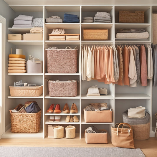 A tidy, neutral-colored closet with shelves and rods, featuring various bins in different shapes, sizes, and materials (wicker, fabric, plastic), filled with folded clothes, shoes, and accessories.