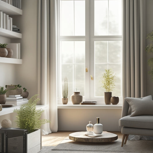 A serene, minimalist living room with a few, carefully-placed decorative items, a tidy bookshelf, and a faint hint of natural light streaming through a partially-opened window.