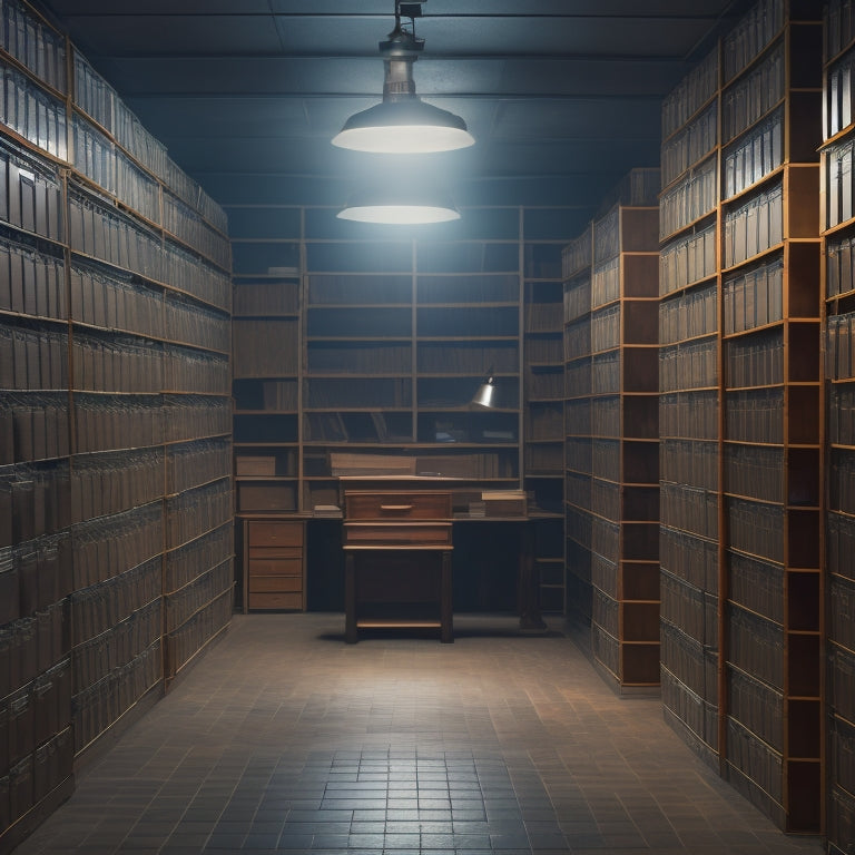 A dimly lit, organized archive room with rows of locked, metal file cabinets, a few open shelves with labeled folders, and a single, wooden desk with a small, secure safe in the corner.