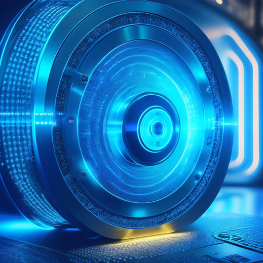 A futuristic, high-tech illustration featuring a sleek, metallic tape reel with glowing blue circuits and microchips embedded within, surrounded by a halo of light, symbolizing advanced data encryption.