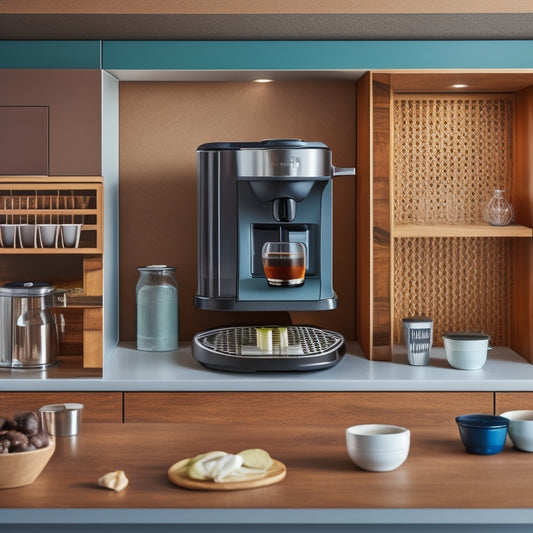 A tidy, modern kitchen countertop with a Nespresso machine centered, surrounded by neatly arranged coffee pods in a custom-built, wooden storage unit with interchangeable, geometric-patterned dividers.