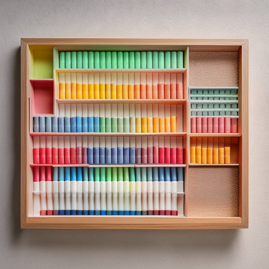 A colorful, neatly organized tray with 24-30 crayon slots, situated on a white background, surrounded by scattered crayons and a few crayon tips, with a subtle wood grain texture on the tray.