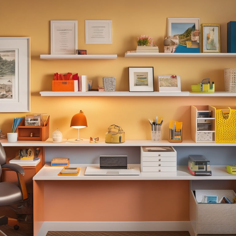 A clutter-free, well-lit desk with a built-in shelving unit, featuring a stackable tray organizer, a cordless phone dock, and a wall-mounted bulletin board with colorful push pins.