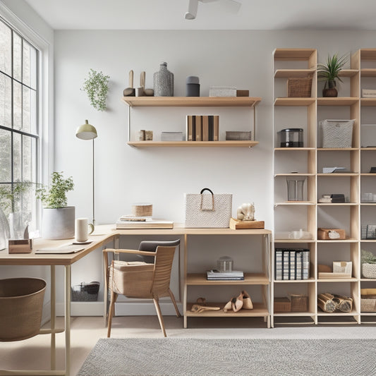 A minimalist, modern home office with a sleek, wall-mounted shelving system, baskets, and bins, surrounded by a few scattered DIY tools and a partially assembled bookshelf, with soft, natural light.