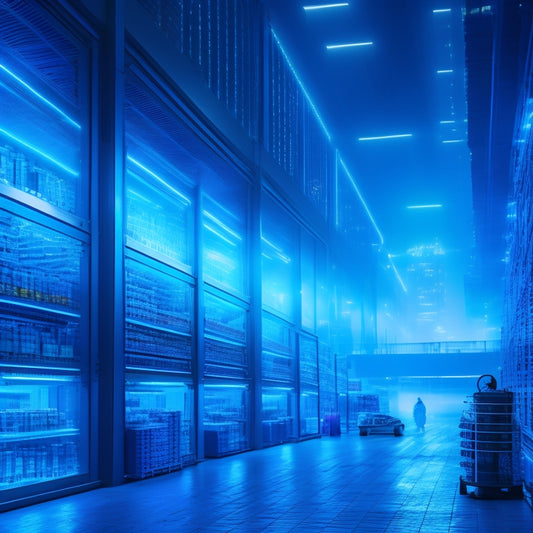 A futuristic warehouse with sleek robots and autonomous vehicles navigating shelves, surrounded by glowing blue circuits and holographic interfaces, amidst a backdrop of city skyscrapers at dusk.