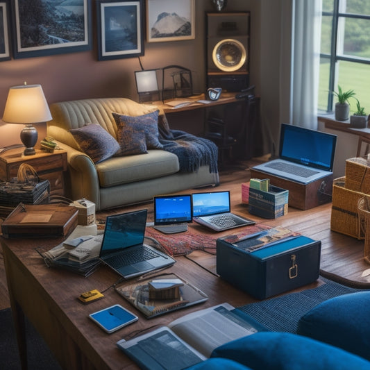 A cluttered living room with scattered documents, cords, and electronics, contrasted with a sleek, organized digital hub on a tablet, surrounded by neatly labeled folders and icons.