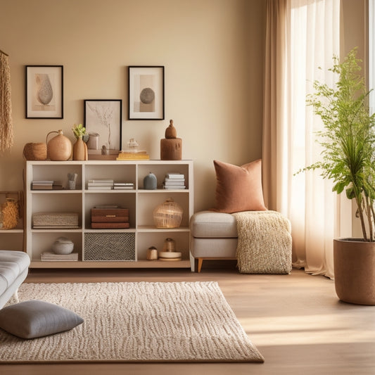 A serene, well-lit living room with a minimalist aesthetic, featuring a tidy bookshelf, a console table with labeled storage bins, and a plush area rug in a calming neutral tone.