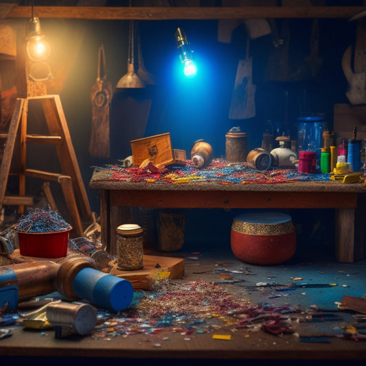 A cluttered workshop background with scattered tools, a half-finished wooden project, and a spotlight shining on a triumphant hammer holding a miniature trophy, surrounded by DIY scraps and confetti.