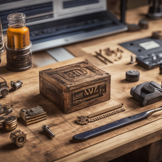 An illustration of a skilled artisan's workshop, with Magento's logo on a wooden workbench, surrounded by gears, cogs, and blueprints, amidst a backdrop of digital code and e-commerce icons.