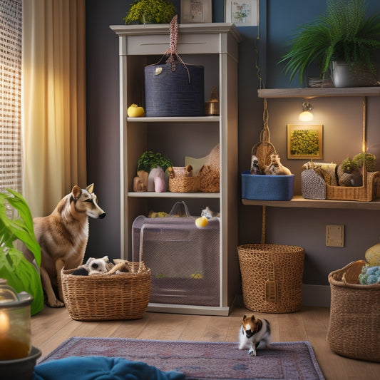 A cozy, well-lit room with a few small pet habitats, showcasing a variety of storage solutions: stackable crates, woven baskets, and multi-tiered shelves, surrounded by toys and pet accessories.