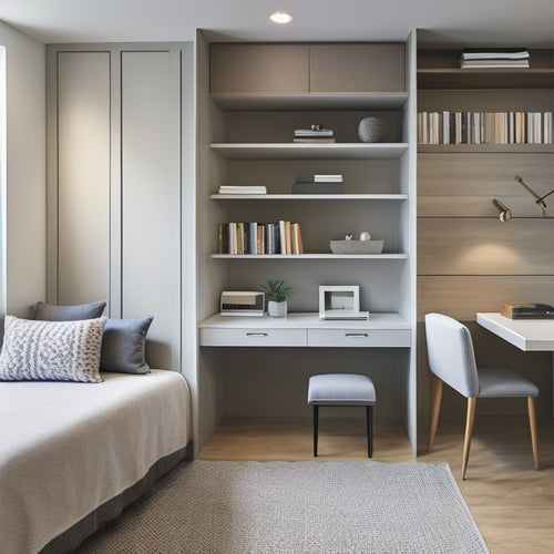 A serene, minimalist guest room with a wall-mounted Murphy bed, a petite desk tucked beneath a floor-to-ceiling shelf, and a compact, circular ottoman storing linens and towels.