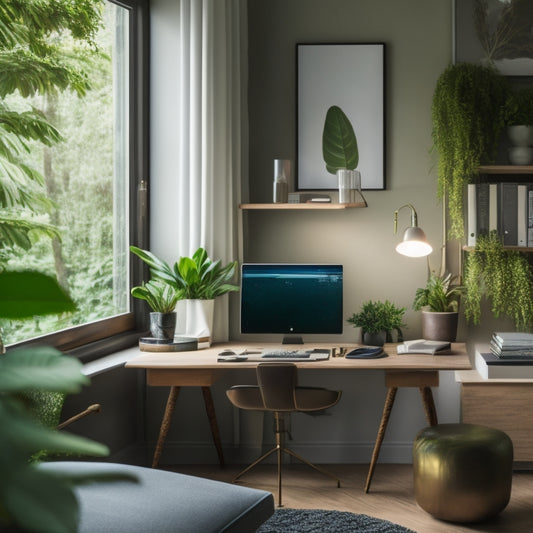 A serene and organized home office with a tidy desk, a few sleek devices, and a minimalist bookshelf, surrounded by lush greenery and soft, warm lighting.