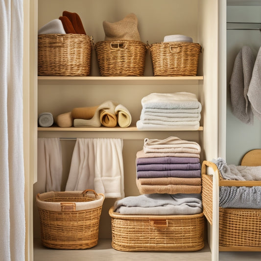 A tidy linen closet with stacked, folded towels and linens on shelves, baskets, and bins, with a few rolled towels on the floor, and a few decorative elements like a woven basket or a small potted plant.