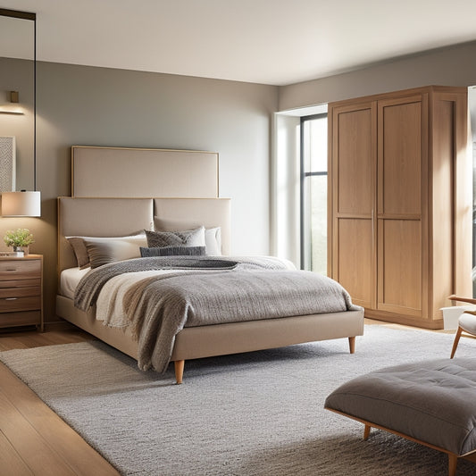 A serene studio bedroom with a plush area rug, a queen-sized bed against a wall, and floor-to-ceiling customized storage units in a natural wood tone, with sliding doors and ambient lighting.