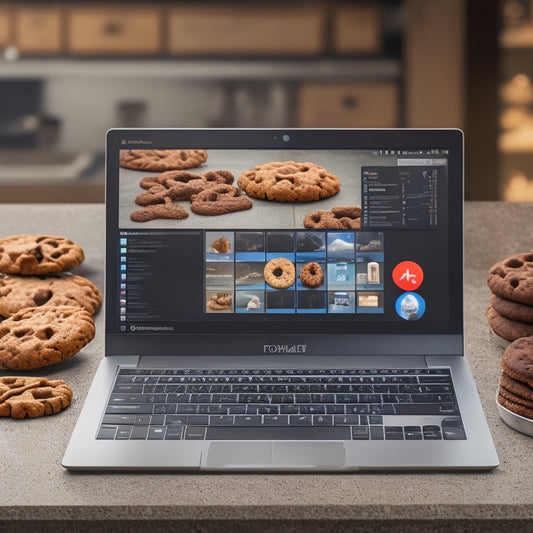 An illustration of a laptop screen displaying a cookie settings dashboard, with various toggle switches and sliders, surrounded by scattered cookies and technical support icons, such as gears and wrenches.