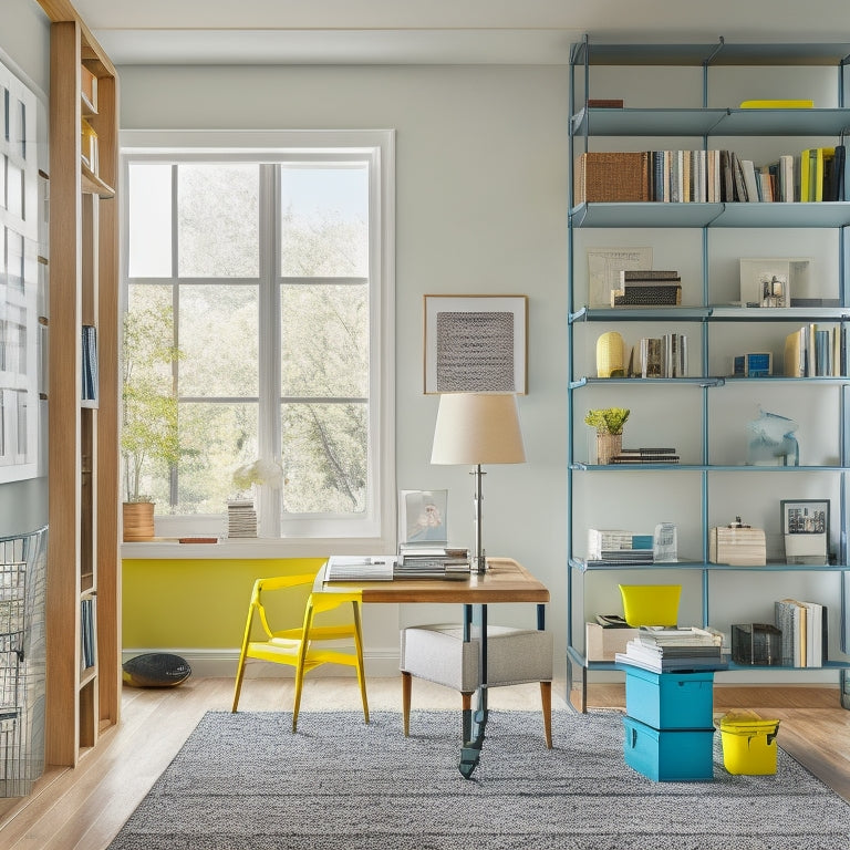 A tidy, clutter-free home office with a compact desk, a wall-mounted shelf with stacked colorful storage bins, and a floor-to-ceiling bookcase with rolling ladder, surrounded by calm, natural light.