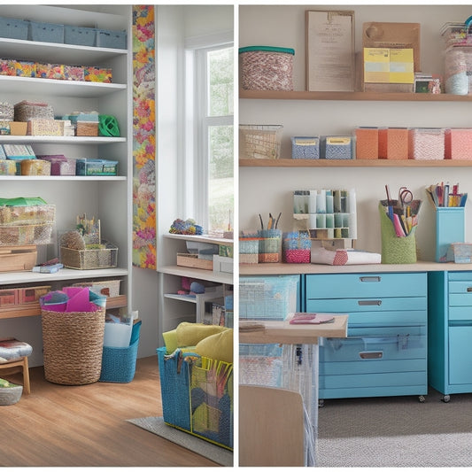 A cluttered craft room with half-finished projects, scattered papers, and tangled yarn, transformed into an organized oasis with custom shelving, labeled bins, and a large wooden desk with built-in cubbies.