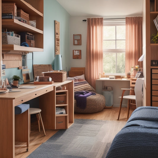 A clutter-free college dorm room with a lofted bed, storage bins under the bed, a compact desk with built-in shelves, and a hanging organizer on the back of the door.