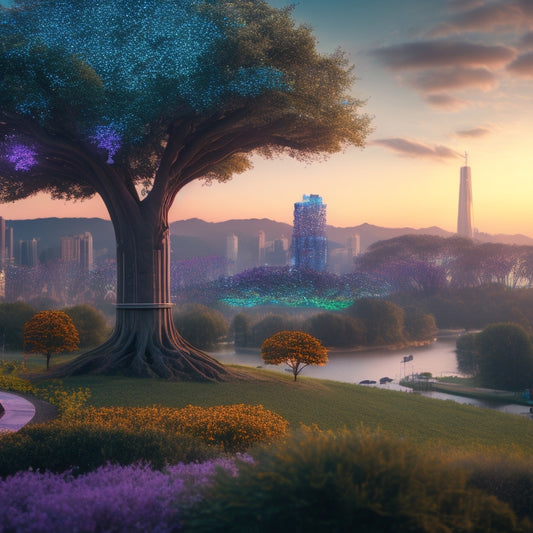 A futuristic, sleek, and modern landscape with a cityscape in the background, featuring a large, glowing green tree with roots that morph into circuit boards and wires, surrounded by hummingbirds and blooming flowers.