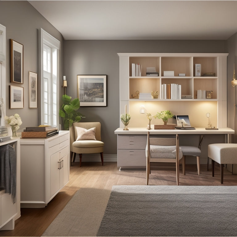 A serene, well-lit, senior's compact living room with a tidy Murphy bed, a minimalist desk, and a few cleverly hidden storage compartments, showcasing organized simplicity and functionality.