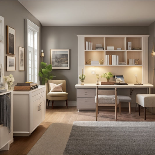 A serene, well-lit, senior's compact living room with a tidy Murphy bed, a minimalist desk, and a few cleverly hidden storage compartments, showcasing organized simplicity and functionality.
