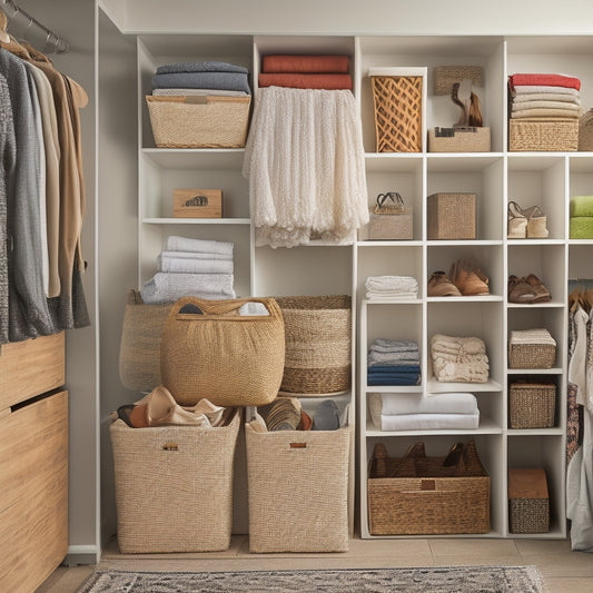 A tidy, organized small closet with several storage bins of varied sizes, shapes, and materials (wicker, fabric, plastic) stacked on shelves and floor, with a few clothes and accessories visible.