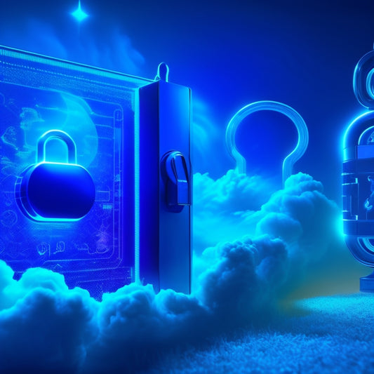A futuristic, neon-lit key unlocking a stylized combination lock, surrounded by swirling clouds of data and learning icons, set against a dark blue background with subtle grid lines.