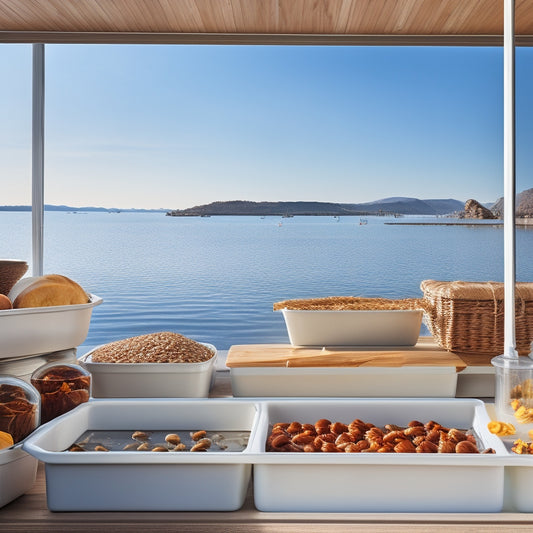 A serene boat kitchen with organized rows of clear, stackable containers, a few open to reveal dried fruits, nuts, and grains, against a backdrop of calm ocean waters and a sunny sky.