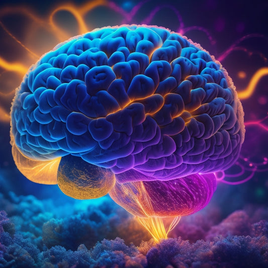 An illustration of a human brain surrounded by glowing, interconnected nodes and swirling patterns, with bursts of light and color radiating outward, evoking innovation and creativity.