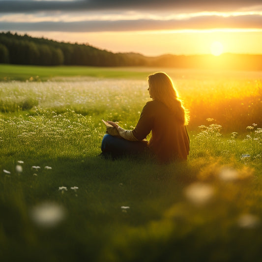 A serene illustration of a person sitting cross-legged on a lush green meadow, surrounded by blooming flowers, with a subtle sunrise glow and a few floating clouds in the background.