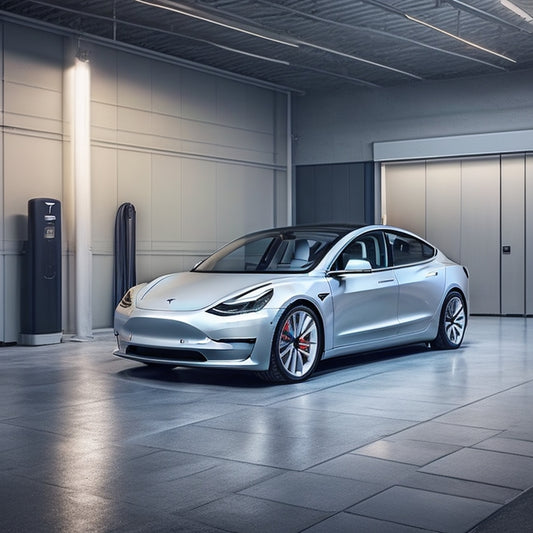 A sleek, silver Tesla Model 3 parked on a modern, minimalist garage floor, surrounded by a curated selection of stylish, high-tech accessories, including a wireless charging pad, premium floor mats, and a carbon fiber spoiler.