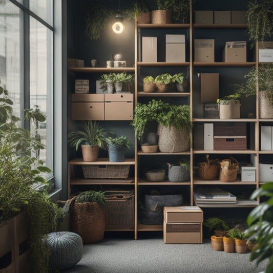 A clutter-free storage unit with organized boxes, labeled folders, and a few decorative plants, surrounded by a clean and well-lit background, conveying a sense of serenity and control.