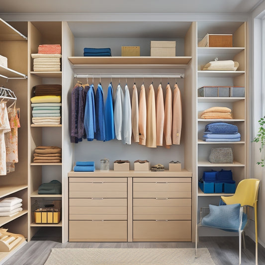 A tidy, minimalist closet with adjustable shelves, a few neatly hung garments, and a few storage bins, featuring a prominent section with color-coded, removable, and reusable labels on shelves and bins.