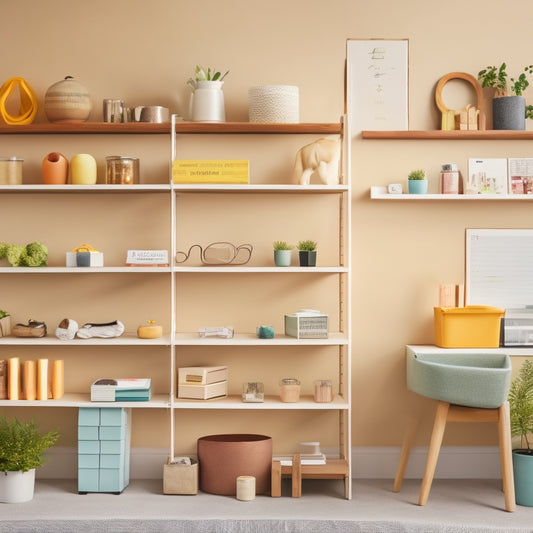 A minimalist, neutral-colored room with a sleek shelving unit, featuring various objects labeled with colorful stickers, washi tape, and chalkboard tags, showcasing creative organization methods.