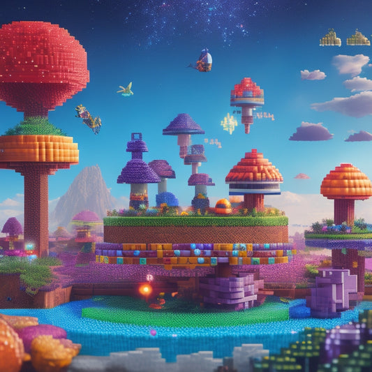 A vibrant, pixelated landscape featuring a giant Terraria-style sword piercing the ground, surrounded by sparkling gems, glowing mushrooms, and a swarm of colorful, winged eyeballs flying in the background.