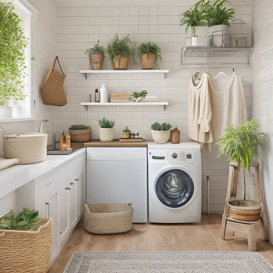 A tidy laundry room with creamy white walls, featuring a reclaimed wood floating shelf above a washer and dryer, and a metal grid shelving unit with woven baskets and a few potted plants.