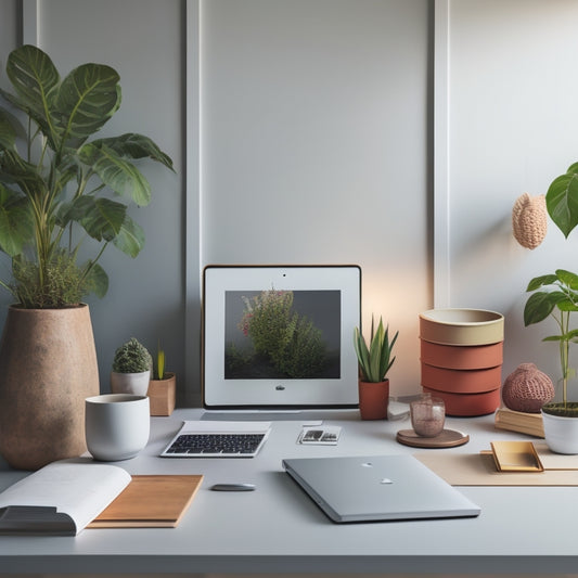 A serene, minimalist workspace with a few, carefully placed items: a tidy desk, a closed laptop, a small potted plant, and a single, open drawer with neatly arranged files and colorful folders.