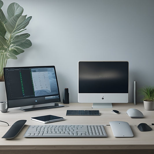 A minimalist workspace with a sleek laptop, a tidy desk calendar, and a few neatly labeled folders, surrounded by a subtle background of gentle, swirling digital circuits.