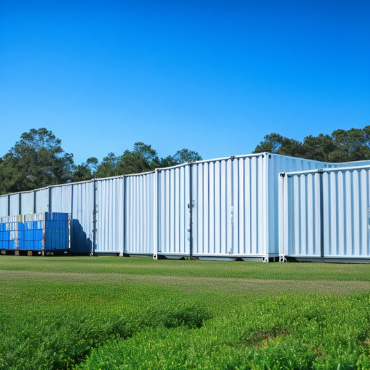 A sunny day in Mobile, AL, with a fleet of clean, white, and brightly colored containers of varying sizes lined up in a row, surrounded by lush greenery and a blue sky.