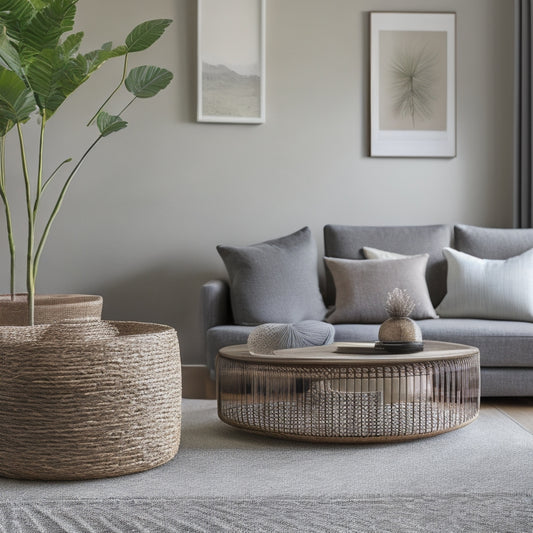 A minimalist, modern living room with a few, curated decorative items, featuring a sleek coffee table with a Decluttercore kit's contents neatly organized in a woven basket, surrounded by calm, natural textures.
